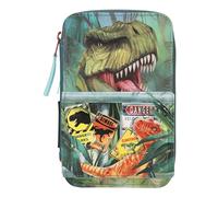 Depesche 11757 Dino World Danger-Gefüllte 3-Fach Federtasche mit Trex Motiv, dunkelgrüne Federmappe mit Buntstiften, Lineal, Schere UVM, Blau [Toy]