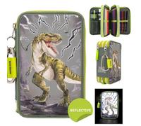 Depesche 11758 Dino World Reflector - Gefüllte 3-Fach Federtasche in Grün-Grau, mit Dino Motiv und Blitzen, reflektierende Federmappe mit Buntstiften, Lineal, Schere uvm.