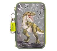 Depesche 11758 Dino World Reflector - Gefüllte 3-Fach Federtasche in Grün-Grau, mit Dino Motiv und Blitzen, reflektierende Federmappe mit Buntstiften, Lineal, Schere uvm.