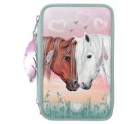Depesche 11774 Miss Melody - Gefüllte 3-Fach Federtasche mit Pferde-Motiv und LED-Herzen, Salbeigrüne Federmappe mit Buntstiften, Lineal, Schere uvm.