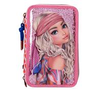 Depesche 11977 TOPModel Seventies - Gefüllte 3-Fach Federtasche mit Glitzer, Model-Motiv und Herz-Muster, Federmäppchen in Rosa mit Buntstiften, Lineal, Schere uvm.