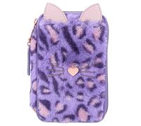 Depesche 12148 TOPModel Lilac Leo Love - Gefüllte 3-Fach Federtasche mit Plüsch in Lila, Leo-Print und Ohren, Federmäppchen mit Buntstiften, Lineal, Schere uvm.