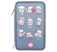 Depesche 12261 TOPModel Katzen - Gefüllte 3-Fach Federtasche in Rauchblau, mit Katzen-Motiven und LED-Lichtern, Federmäppchen mit Buntstiften, Schere, Lineal uvm.