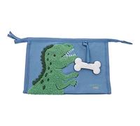 Depesche 12309 Dino World Dino Mini - Waschtasche in Blau, mit Dino-Motiv aus Frotteestoff und Knochen-Anhänger, Kulturbeutel mit Reißverschluss und Aufhänger