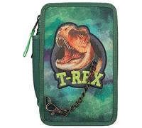 Depesche 12506 Dino World - Gefüllte 3-Fach Federtasche im Dinosaurier-Design mit Kette, Federmäppchen mit Buntstiften, Lineal, Schere uvm.