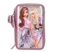 Depesche 12527 TOPModel Glitter Queen - Gefüllte 3-Fach Federtasche mit Druckknopf-Tasche aus Glitzerstoff, Federmäppchen mit Buntstiften, Lineal, Schere uvm.