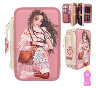 Depesche 12583 TOPModel Cosy - Gefüllte 3-Fach Federtasche, Model Motiv mit Teddy-Kunstfell, Federmäppchen mit Buntstiften, Lineal, Schere uvm.