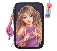 Depesche 12597 TOPModel Night Light - Gefüllte 3-Fach Federtasche mit Model-Motiv, dunkelblaues Federmäppchen mit Buntstiften, Lineal, Schere uvm.