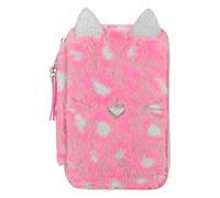 Depesche 12787 TOPModel Wild-Gefüllte 3-Fach Federtasche in Pink, mit Herz-Nase und geflecktem Muster, Federmappe mit Buntstiften, Lineal, Schere UVM