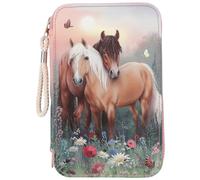 Depesche 12869 Miss Melody Flowers - Gefüllte 3-Fach Federtasche in Rosa, mit Pferde Motiv, Federmappe mit Buntstiften, Lineal, Schere uvm.