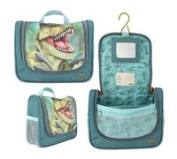 Depesche 12918 Dino World Danger Kulturtasche - Waschtasche in Grün, mit Trex Motiv und Dino Muster, Kulturbeutel mit Reißverschluss und Aufhänger