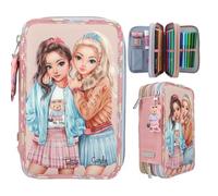 Depesche 13009 TOPModel Team Teddy - Gefüllte 3-Fach Federtasche in Rosé, mit Model Motiv und Anhänger, Federmappe mit Buntstiften, Lineal, Schere uvm.