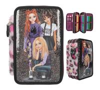 Depesche 13017 TOPModel Rebel Kitty - Gefüllte 3-Fach Federtasche in Schwarz, mit Model Motiv, Glitzer und Leo-Fell, Federmappe mit Buntstiften, Lineal, Schere uvm.