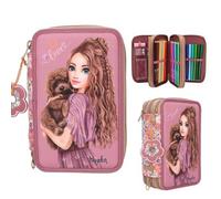 Depesche 13055 TOPModel Floral - Gefüllte 3-Fach Federtasche in dunklem Pink, mit Model Motiv und Blumen Muster, Federmappe mit Buntstiften, Lineal, Schere uvm.