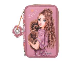 Depesche 13055 TOPModel Floral - Gefüllte 3-Fach Federtasche in dunklem Pink, mit Model Motiv und Blumen Muster, Federmappe mit Buntstiften, Lineal, Schere uvm.