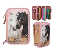 Depesche 13187 Miss Melody Dusty Rose - Gefüllte 3-Fach Federtasche in Altrosa, mit Pferde Motiv und Zier-Verschluss, Federmappe mit Buntstiften, Lineal, Schere UVM.