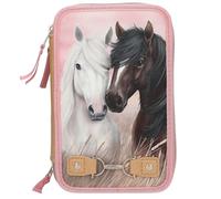 Depesche 13187 Miss Melody Dusty Rose - Gefüllte 3-Fach Federtasche in Altrosa, mit Pferde Motiv und Zier-Verschluss, Federmappe mit Buntstiften, Lineal, Schere UVM.