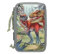 Depesche 13277 Dino World Bite - Gefüllte 3-Fach Federtasche in Grün, mit Dino Motiv und Wald, Federmappe mit Buntstiften, Lineal, Schere UVM.