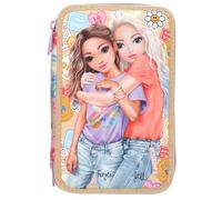 Depesche 13282 TOPModel Girl Power - Gefüllte 3-Fach Federtasche in Beige, mit Model Motiv und bunten Batches, Federmappe mit Buntstiften, Schere, Lineal uvm.