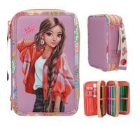 Depesche 13283 TOPModel Girl Power - Gefüllte 3-Fach Federtasche in Lila, mit Model Motiv und bunten Batches, Federmappe mit Buntstiften, Schere, Lineal uvm.