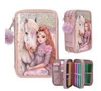 Depesche 13292 TOPModel Viva Violet - Gefüllte 3-Fach Federtasche in Lila, mit Model Motiv, Pferd und Glitzer, Federmappe mit Buntstiften, Lineal, Schere UVM.