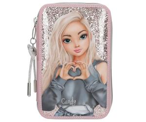 Depesche 13293 TOPModel My BFF - Gefüllte 2-Fach Federtasche in Rosa, mit Model Motiv und Glitzer, Federmappe mit Buntstiften, Lineal, Klebestift uvm.