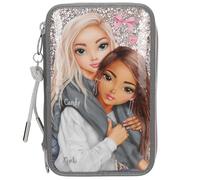 Depesche 13315 TOPModel My BFF - Gefüllte 3-Fach Federtasche in Grau und Rosa, mit Model Motiv und Glitzer, Federmappe mit Buntstiften, Schere, Lineal uvm.