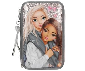 Depesche 13315 TOPModel My BFF - Gefüllte 3-Fach Federtasche in Grau und Rosa, mit Model Motiv und Glitzer, Federmappe mit Buntstiften, Schere, Lineal uvm.