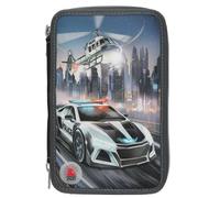 Depesche 13333 Monster Cars - Gefüllte 3-Fach Federtasche in Grau, mit LED-Effekt und Polizei Motiv, Federmappe mit Buntstiften, Schere, Lineal uvm.