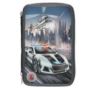 Depesche 13333 Monster Cars - Gefüllte 3-Fach Federtasche in Grau, mit LED-Effekt und Polizei Motiv, Federmappe mit Buntstiften, Schere, Lineal uvm.