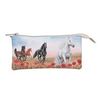 Depesche 13342 Miss Melody Poppy Sand - Schlampertasche in Beige, mit Pferde Motiv und Mohnblumen, Federtasche mit 3 Innenfächern