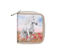 Depesche 13344 Miss Melody Poppy Sand - Portemonnaie in Beige und Blau, mit Pferde Motiv und Mohnblumen, Geldbörse mit Druckknopf