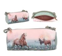 Depesche 13404 Miss Melody Romantic Fields - Schlampertasche in Grün und Rosa, mit Pferde Motiv, Blumen und Glitzer, Federtasche mit Kordelträger