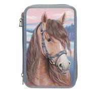 Depesche 13415 Miss Melody - Gefüllte 3-Fach Federtasche in Blau, mit 3D-Effekt und Pferde Motiv, Federmappe mit Buntstiften, Schere, Lineal UVM.