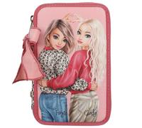 Depesche 13639 TOPModel Leoheart - Gefüllte 3-Fach Federtasche in Rosa und Rot, mit Model Motiv und Leo-Print, Federmappe mit Buntstiften, Schere, Lineal UVM.