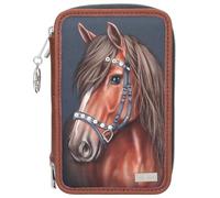 Depesche 13688 Miss Melody Luxury Horse - Gefüllte 3-Fach Federtasche in Dunkelblau und Braun, mit Pferde Motiv und Glitzersteinen, Federmappe mit Buntstiften, Schere, Lineal UVM.