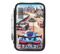 Depesche 13712 Action World Gaming - Gefüllte 3-Fach Federtasche in Dunkelblau, mit Motiv eines Auto-Rennspiels und Skyline, Federmappe mit Buntstiften, Schere, Lineal UVM.