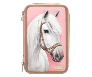 Depesche 13973 Miss Melody Classic - Gefüllte 3 Fach-Federtasche in Rosa, mit Pferde Motiv und goldenen Sternen, Federmappe mit Buntstiften, Schere, Lineal UVM.