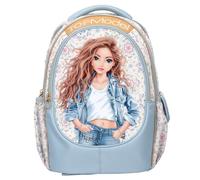 Depesche 14021 TOPModel Festival Fun - Schulrucksack in Dunkelblau und Creme, mit Model Motiv und Blumen-Muster, Schultasche mit verstellbaren Trägern