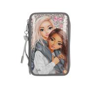 Depesche 13315 TOPModel My BFF - Gefüllte 3-Fach Federtasche in Grau und Rosa, mit Model Motiv und Glitzer, Federmappe mit Buntstiften, Schere, Lineal UVM.