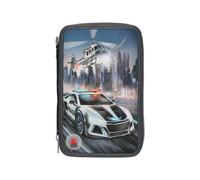 Depesche 13333 Monster Cars - Gefüllte 3-Fach Federtasche in Grau, mit LED-Effekt und Polizei Motiv, Federmappe mit Buntstiften, Schere, Lineal uvm.