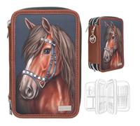 Depesche 13688 Miss Melody Luxury Horse - Gefüllte 3-Fach Federtasche in Dunkelblau und Braun, mit Pferde Motiv und Glitzersteinen, Federmappe mit Buntstiften, Schere, Lineal UVM.