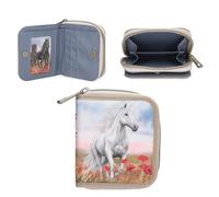 Depesche 13344 Miss Melody Poppy Sand - Portemonnaie in Beige und Blau, mit Pferde Motiv und Mohnblumen, Geldbörse mit Druckknopf