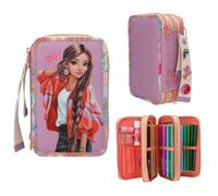 Depesche 13283 TOPModel Girl Power - Gefüllte 3-Fach Federtasche in Lila, mit Model Motiv und bunten Batches, Federmappe mit Buntstiften, Schere, Lineal uvm.