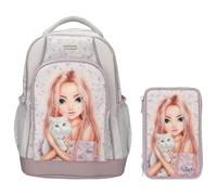 Depesche - TOPModel Blooming Kitty - Schulrucksack und 3-Fach-Federtasche, mit Model-Katze-Motiv und Blumenmuster, Schultasche mit verstellbaren Trägern, Federmappe mit Buntstiften, Schere, Lineal UVM