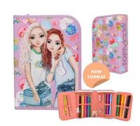 Depesche 13284 TOPModel Girl Power - Gefüllte Federtasche in Rosa, mit Model Motiv und bunten Patches, Federmappe mit Buntstiften, Lineal, Schere UVM.