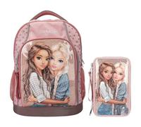 Depesche - TOPModel Dots - Schulrucksack und 3-Fach-Federtasche, mit Model Motiv, Punkte-Muster und Glitzer Schultasche mit verstellbaren Trägern, Federmappe mit Buntstiften, Schere, Lineal UVM