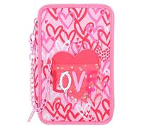 Depesche TOPModel One Love 3-Fach Federtasche mit roten und rosa Herzen, Federtasche mit Buntstiften, Lineal, UVM-Schere, rosa 12258