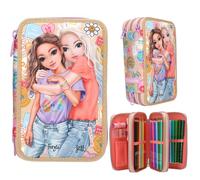 Depesche 13282 TOPModel Girl Power - Gefüllte 3-Fach Federtasche in Beige, mit Model Motiv und bunten Batches, Federmappe mit Buntstiften, Schere, Lineal uvm.