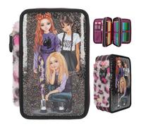 Depesche 13017 TOPModel Rebel Kitty - Gefüllte 3-Fach Federtasche in Schwarz, mit Model Motiv, Glitzer und Leo-Fell, Federmappe mit Buntstiften, Lineal, Schere uvm.